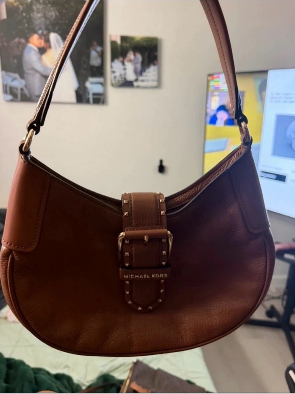 Michael Kors Cognac Leather Shoulder Bag with Studded Buckle